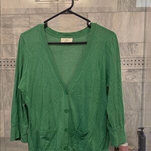 LOFT Green V-Neck Button Front Cardigan with Pockets